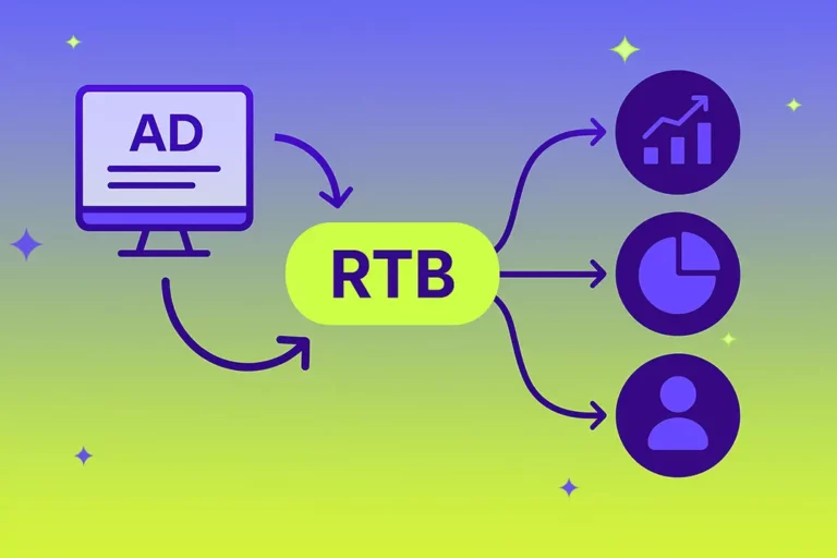 Illustration of the OpenRTB process showing real-time bidding flow between DSP, SSP, and ad components with a purple-green gradient background and connected arrows