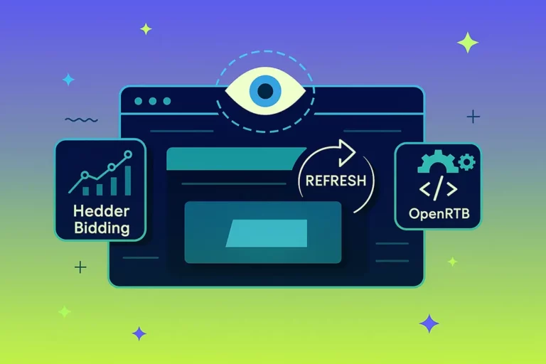 Diagram illustrating viewability-based ad refresh strategy with header bidding and OpenRTB integration for optimized programmatic monetization