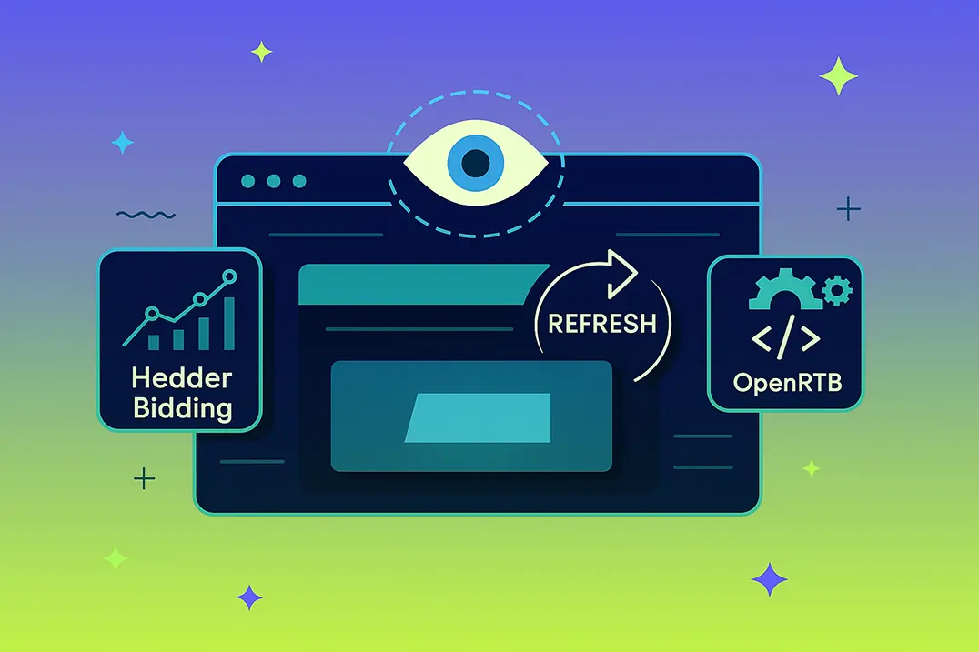 Diagram illustrating viewability-based ad refresh strategy with header bidding and OpenRTB integration for optimized programmatic monetization