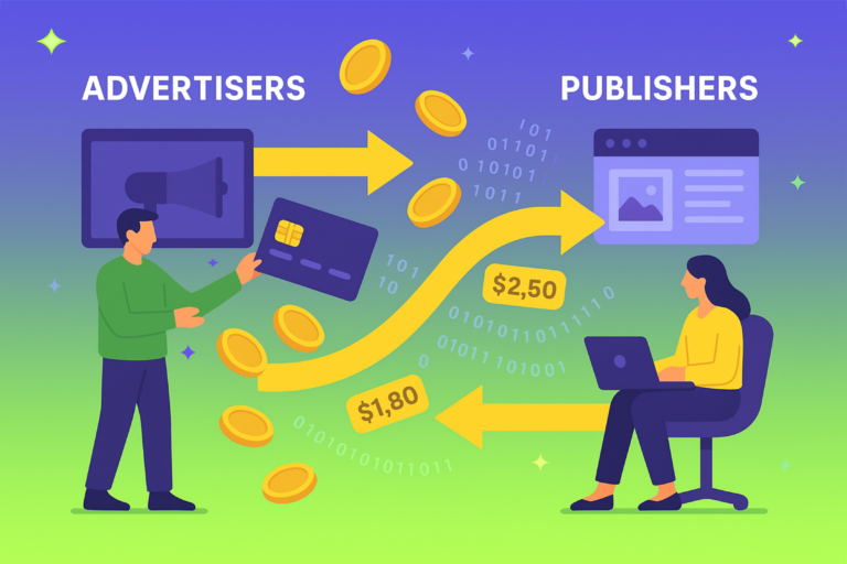 Illustration of OpenRTB programmatic bidding flow showing data and price exchange between advertisers and publishers